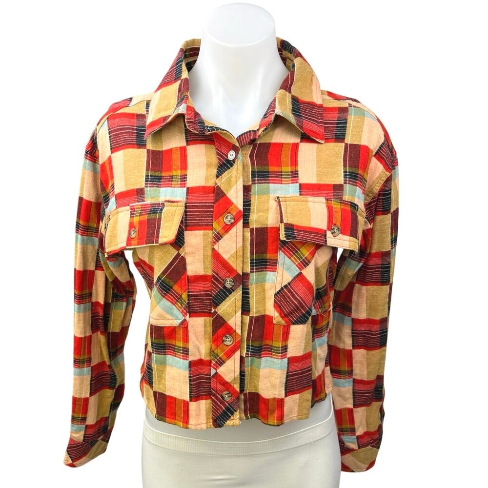 NEW Gilded Intent Multicolor Check Plaid Flannel Button Crop Shirt Blouse Top XS